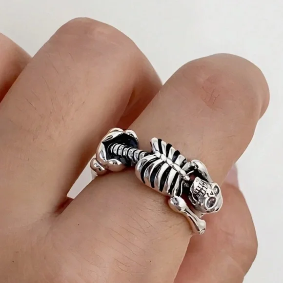 Antiqued Silver Adjustable Curved Skeleton Cuff Ring - Picture 1 of 3